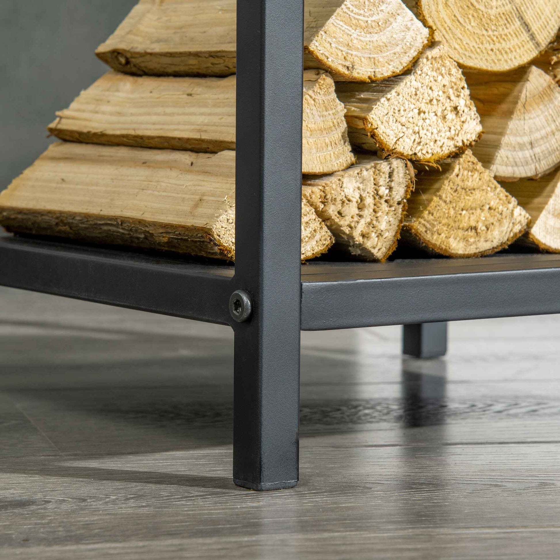 Soporte para Leña Estante de Leña Metálico Leñero de Exterior con Ganchos Pala Cepillo Atizador y Tenazas Carga 65 kg 34x34x111 cm Negro