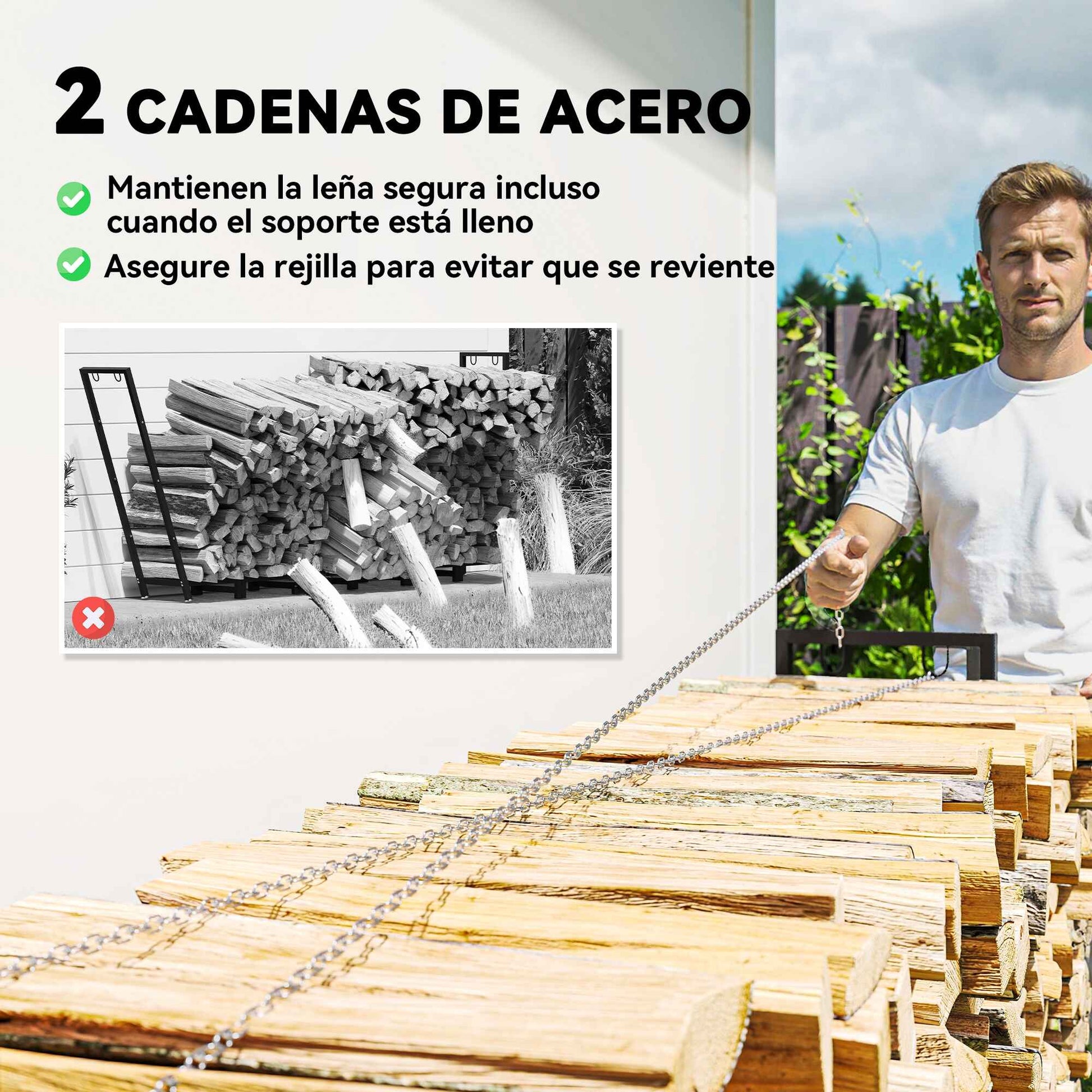 Estante de Leña Metálico, 235x31x116 cm, Leñero Exterior con Cubierta Impermeable 600D , Marco de Acero y Cadenas de Acero, Soporte para Leña de Chimenea, Almacenaje para Madera, Negro