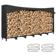 Estante de Leña Metálico, 235x31x116 cm, Leñero Exterior con Cubierta Impermeable 600D , Marco de Acero y Cadenas de Acero, Soporte para Leña de Chimenea, Almacenaje para Madera, Negro