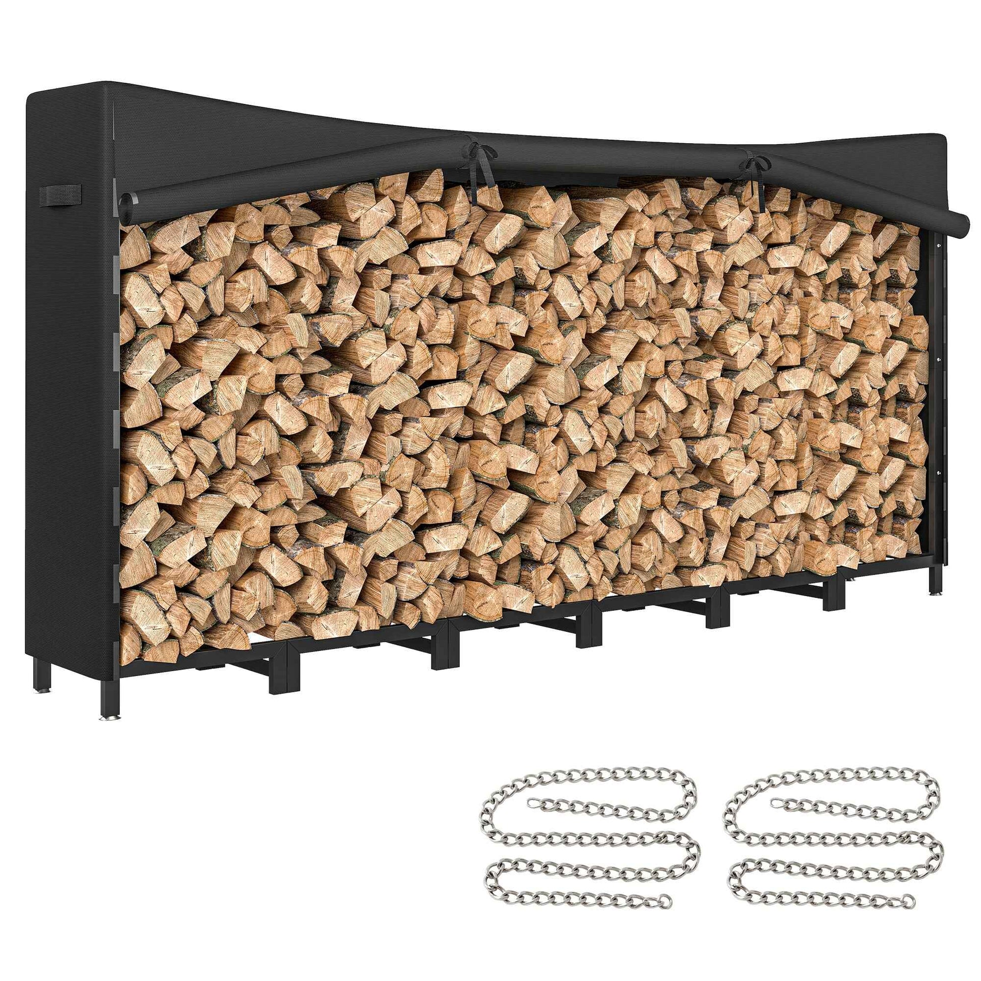 Estante de Leña Metálico, 235x31x116 cm, Leñero Exterior con Cubierta Impermeable 600D , Marco de Acero y Cadenas de Acero, Soporte para Leña de Chimenea, Almacenaje para Madera, Negro