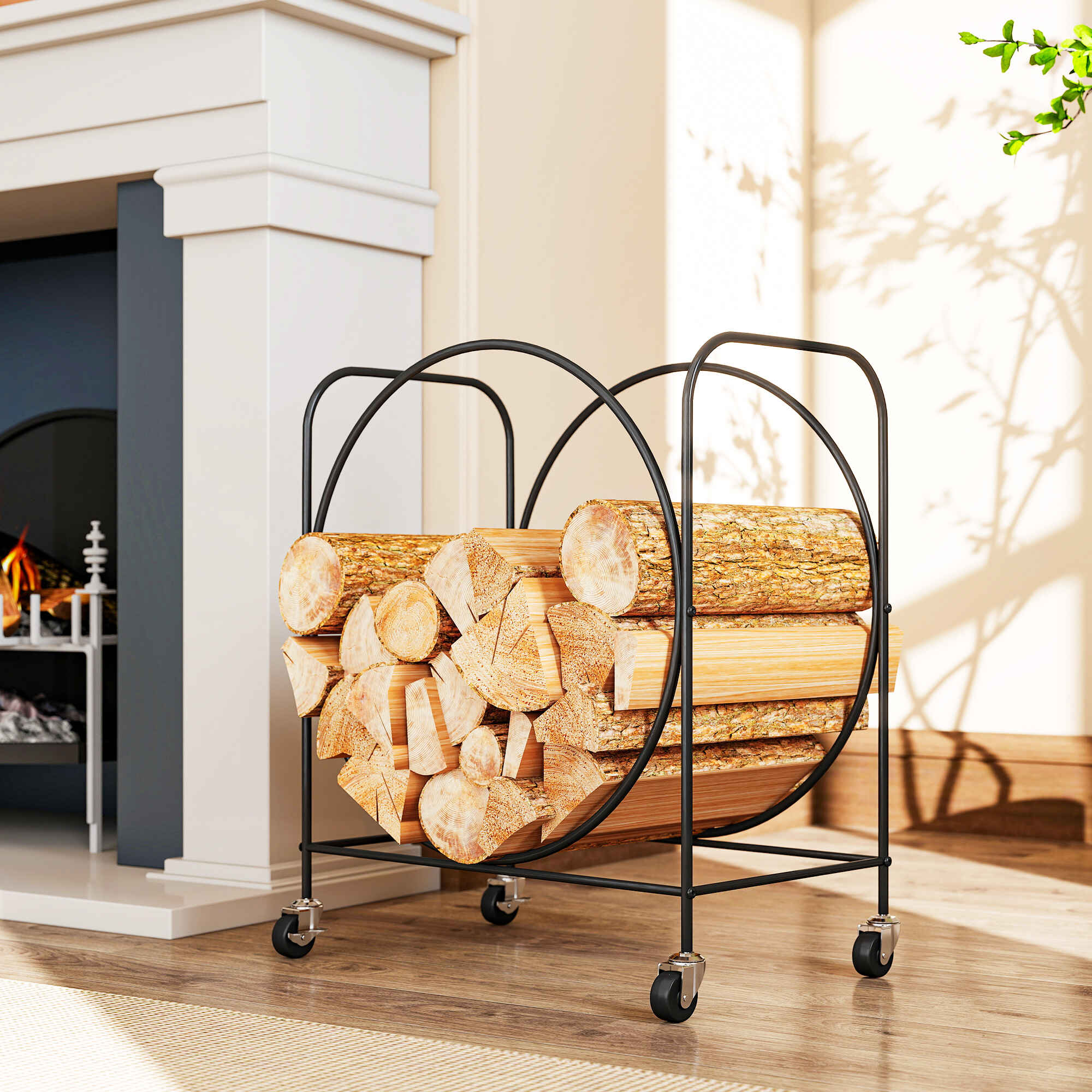 Estante de Leña de Metal con Ruedas, 51x30x60 cm, Leñero Exterior e Interior, Soporte para Leña de Chimenea, Almacenamiento para Madera, Negro