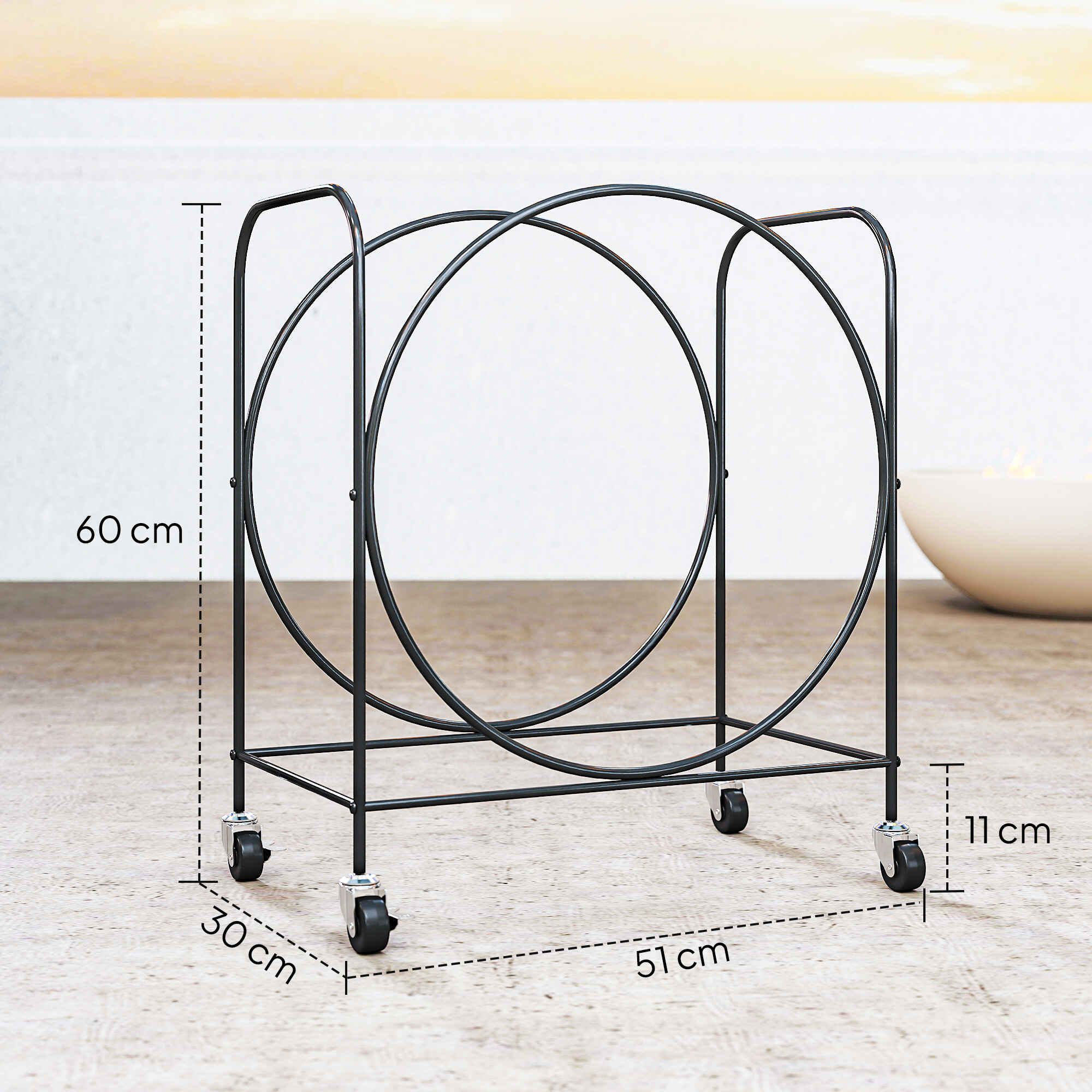 Estante de Leña de Metal con Ruedas, 51x30x60 cm, Leñero Exterior e Interior, Soporte para Leña de Chimenea, Almacenamiento para Madera, Negro