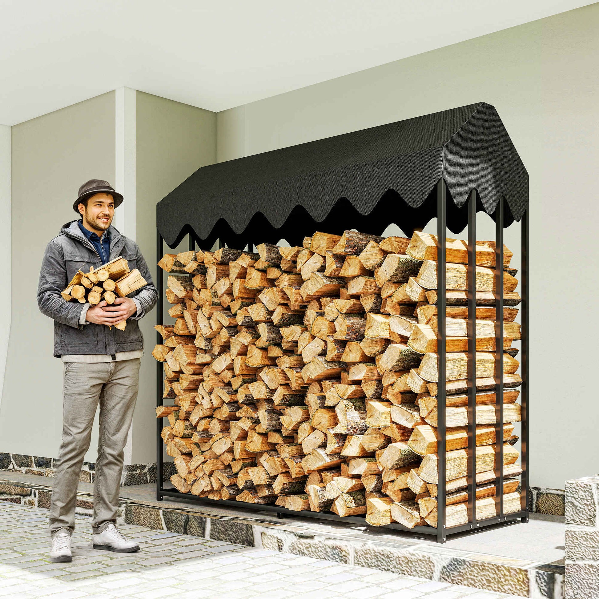 Estante de Leña Metálico, 186x70x185 cm, Leñero Exterior con Cubierta Impermeable 600D , Marco de Acero, Soporte para Leña de Chimenea, Carga 300 kg, para Jardín, Terraza