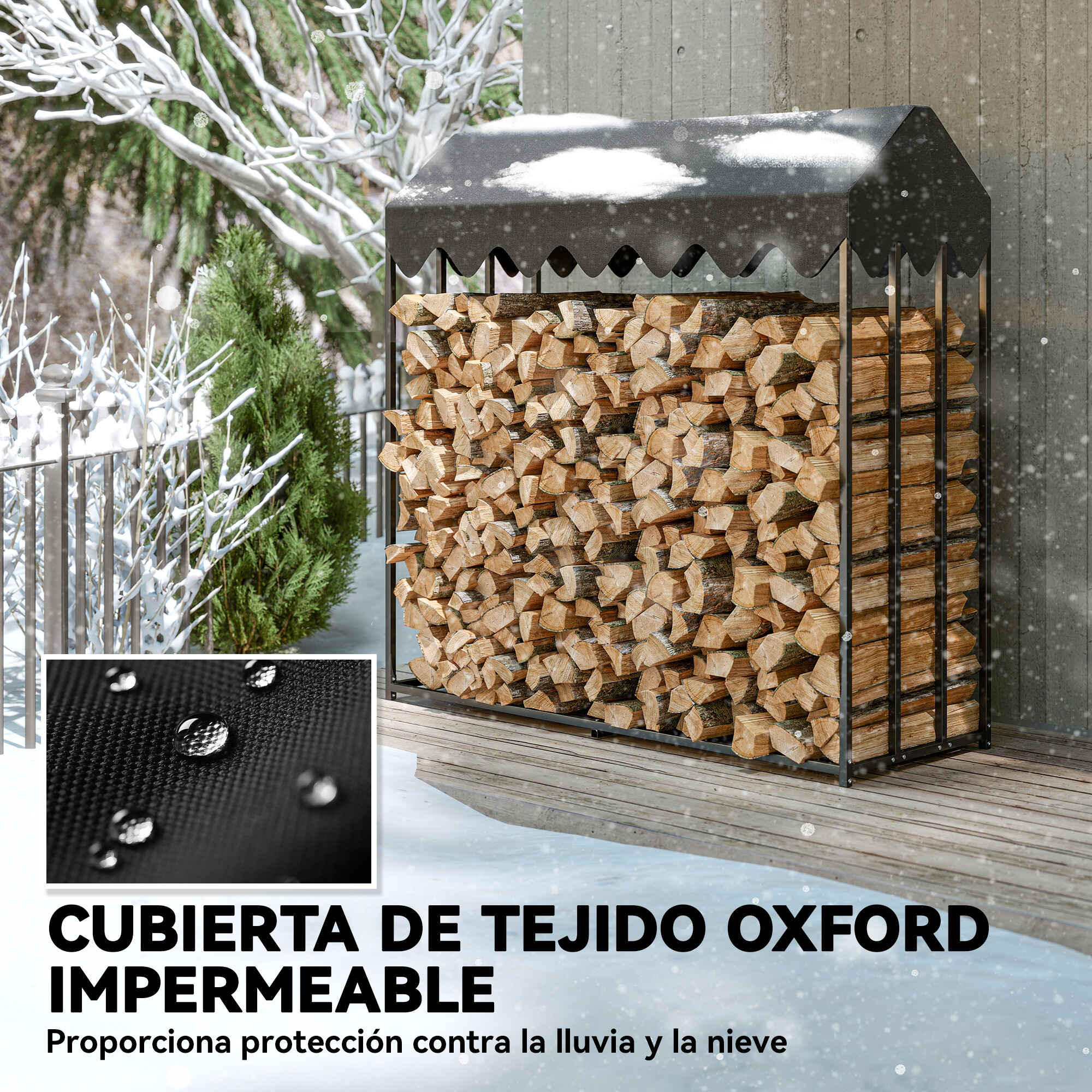 Estante de Leña Metálico, 186x70x185 cm, Leñero Exterior con Cubierta Impermeable 600D , Marco de Acero, Soporte para Leña de Chimenea, Carga 300 kg, para Jardín, Terraza