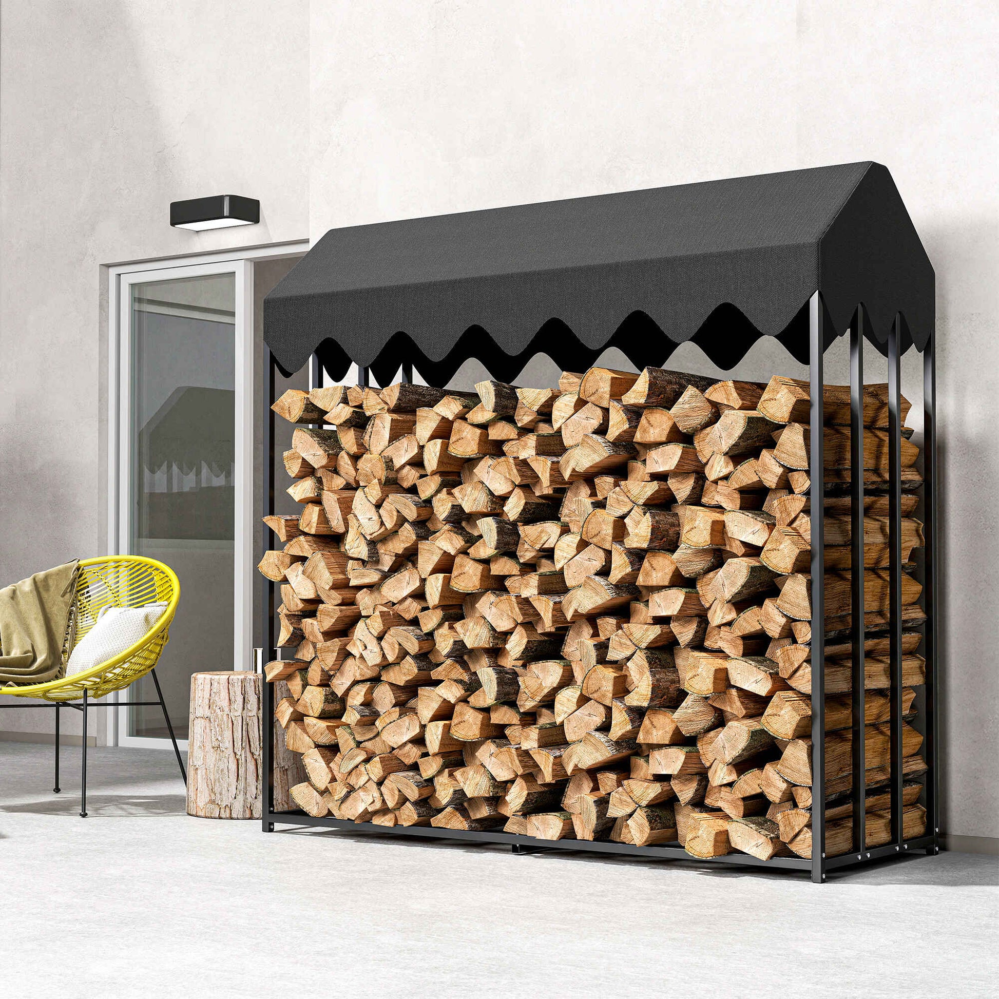 Estante de Leña Metálico, 186x70x185 cm, Leñero Exterior con Cubierta Impermeable 600D , Marco de Acero, Soporte para Leña de Chimenea, Carga 300 kg, para Jardín, Terraza