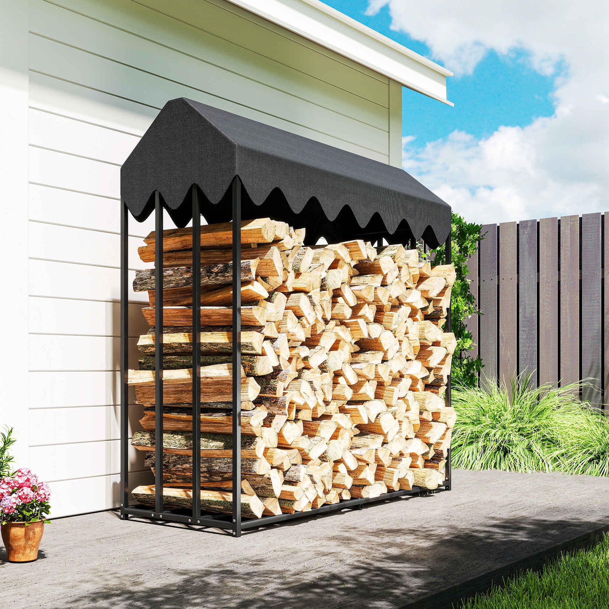 Estante de Leña Metálico, 186x70x185 cm, Leñero Exterior con Cubierta Impermeable 600D , Marco de Acero, Soporte para Leña de Chimenea, Carga 300 kg, para Jardín, Terraza