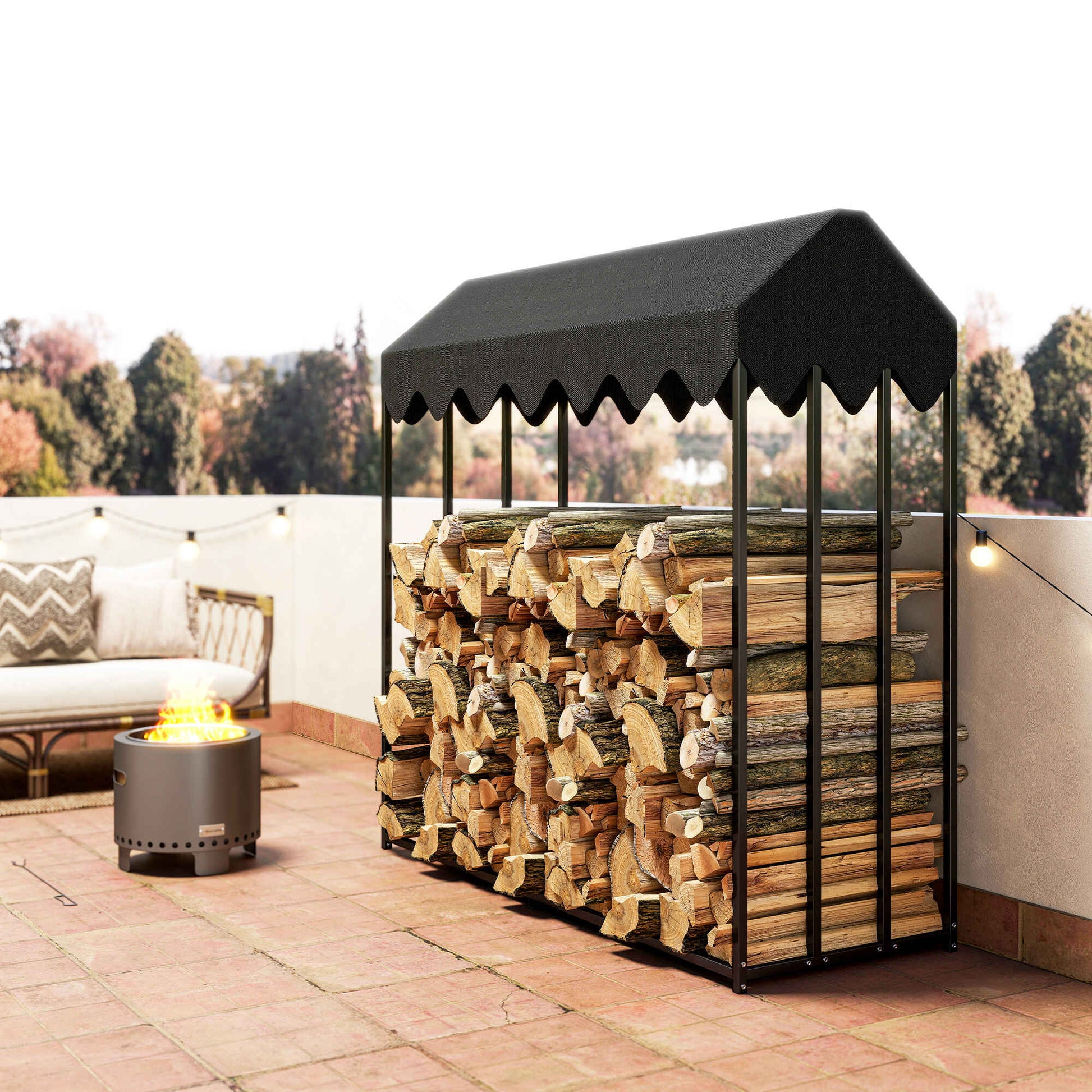 Estante de Leña Metálico, 186x70x185 cm, Leñero Exterior con Cubierta Impermeable 600D , Marco de Acero, Soporte para Leña de Chimenea, Carga 300 kg, para Jardín, Terraza