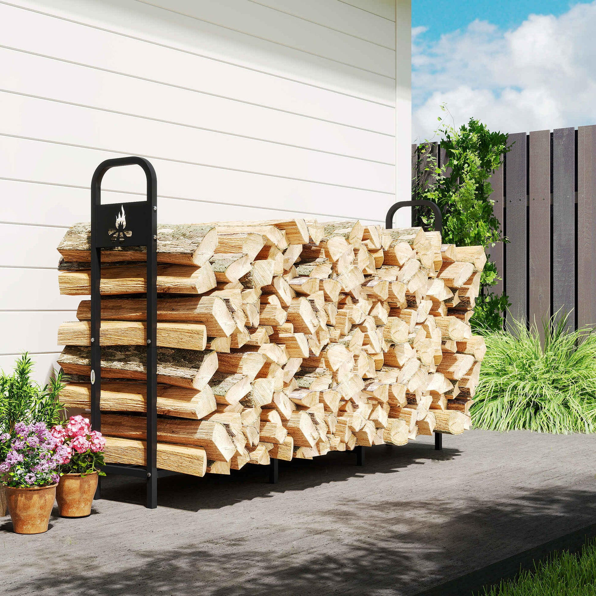 Estante de Leña Metálico, 199x30x121 cm, Leñero Exterior con Marco de Acero, Patas Extra Reforzadas y Diseño Recortado de Fogata, Soporte para Leña de Chimenea, Carga 300 kg, para Jardín
