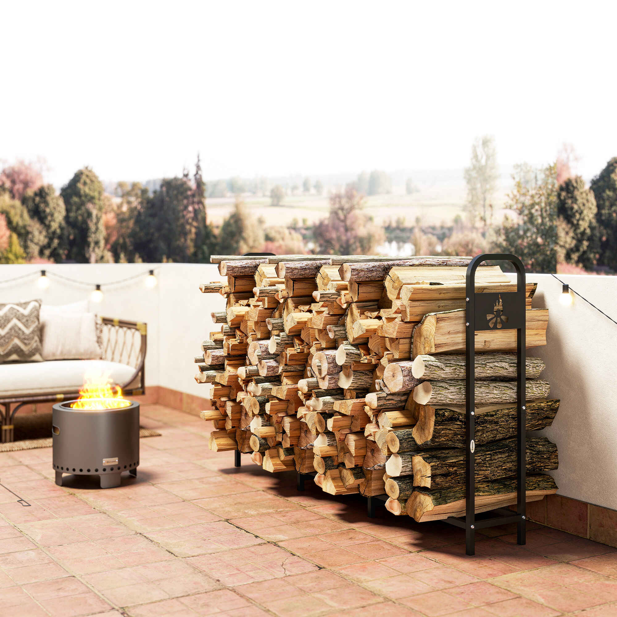 Estante de Leña Metálico, 199x30x121 cm, Leñero Exterior con Marco de Acero, Patas Extra Reforzadas y Diseño Recortado de Fogata, Soporte para Leña de Chimenea, Carga 300 kg, para Jardín